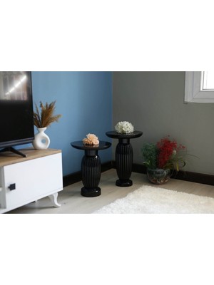 Siyah 2 'li Çizgili Vazo Yan Sehpa