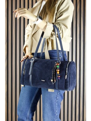 Erkan Saçmacı Lacivert Hakiki Dana Süet Fermuarlı Üç Bölmeli Boncuk Aksesuarlı Günlük Büyük Boy Omuz Çantası