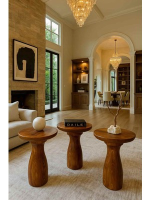 Rustik Meşe Renk Ahşap Mantar Sehpa 3lü Set Dekoratif Zigon Takımı