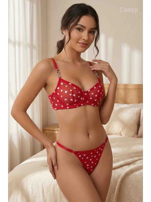 Cassy Kalp Desenli Love Aksesuarlı Transparan Tül Balenli String Takım