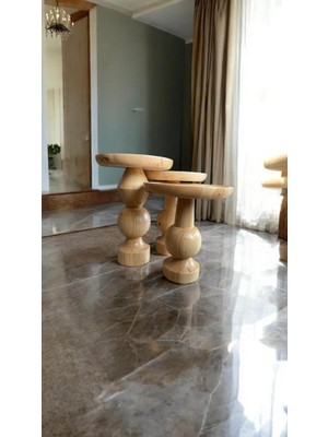Wood Ahşap 3lü Set Fitilli Mantar Yan Sehpa Modern Fiskos / Naturel Renk / Zigon Sehpa Vernikli