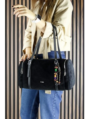 Erkan Saçmacı Siyah Hakiki Dana Süet Fermuarlı Üç Bölmeli Boncuk Aksesuarlı Günlük Büyük Boy Omuz Çantası