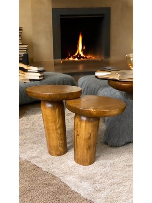 Wood Ahşap 2li Set Mantar Tik Ağacı Renk Yan Sehpa Modern Fiskos / Çiçeklik / Zigon