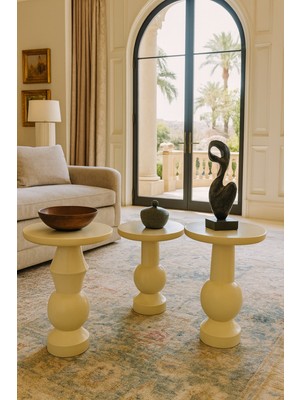 Doğal Ahşap Mantar Sehpa 3lü Set Krem Renk Şık Zigon Takımı