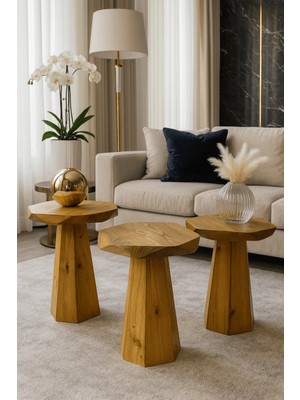 Tütün Renk Modern Ahşap Mantar Sehpa 3lü Zigon Fiskos Takımı