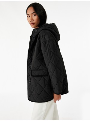 Koton Uzun Kollu Düğmeli Cepli Kapüşonlu Kapitone Mont