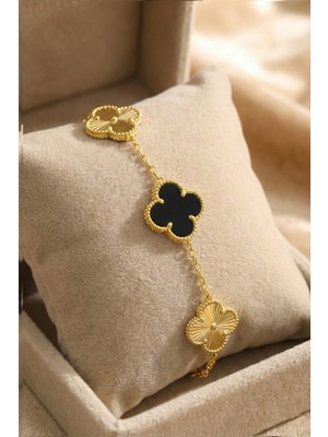 Söğütlü Silver 925 Ayar Gümüş Bileklik Altın Kaplama Siyah Sedef Taşlı Lazerli Tasarım Yonca Bileklik SGTL13204SIYAH