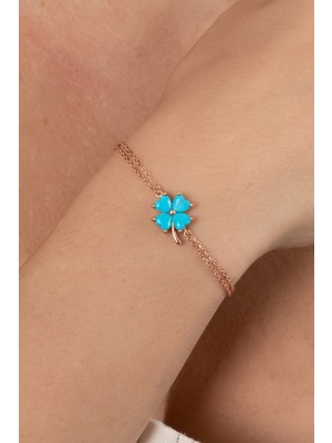 Söğütlü Silver 925 Ayar Gümüş Bileklik Rose Turkuaz Taşlı Çift Zincirli Yonca Bileklik SGTL13174MAVI