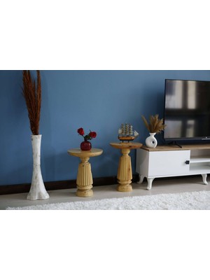 2'li Oval Çizgili Vernikli Yan Sehpa