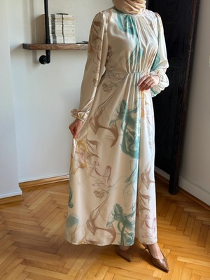 Fendel Bel Lastikli Desenli Saten Elbise 1841 Navra | Fendel