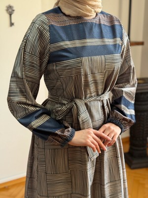 Fendel Dama Desen Çizgili Kadife Elbise 2302 Navra | Fendel