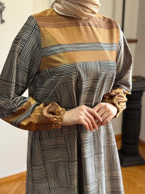 Fendel Dama Desen Çizgili Kadife Elbise 2302 Navra | Fendel