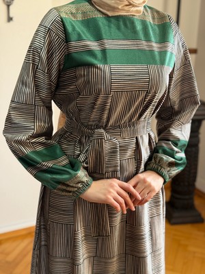 Fendel Dama Desen Çizgili Kadife Elbise 2302 Navra | Fendel