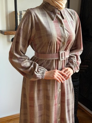 Fendel Ekose Gömlek Yaka Kaplama Kemerli Kadife Elbise 2303 Navra | Fendel