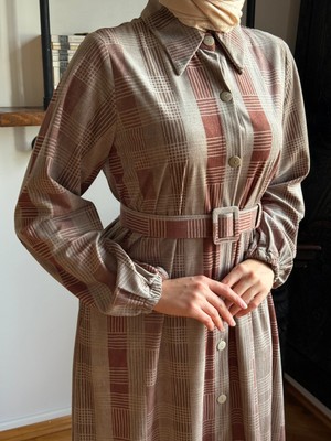 Fendel Ekose Gömlek Yaka Kaplama Kemerli Kadife Elbise 2303 Navra | Fendel