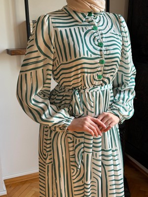 Fendel Gömlek Yaka Yarım Pat Desenli Saten Elbise 1873 Navra | Fendel