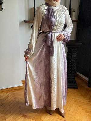 Fendel Reglan Kol Hakim Yaka Desenli Saten Jakar Elbise 1861 Navra | Fendel