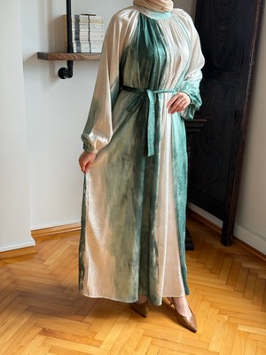 Fendel Reglan Kol Hakim Yaka Desenli Saten Jakar Elbise 1861 Navra | Fendel