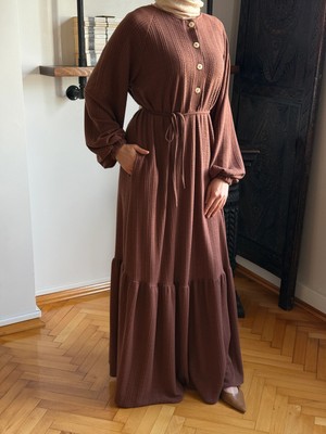 Fendel Reglan Kol Yarım Pat Eteği Büzgülü Örme Elbise 2416 Navra | Fendel