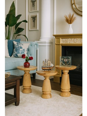 3'lü Oval Çizgili Vernikli Yan Sehpa