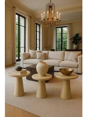 Krem Renk Ahşap Mantar Sehpa Seti 3lü Şık ve Doğal Zigon Takımı