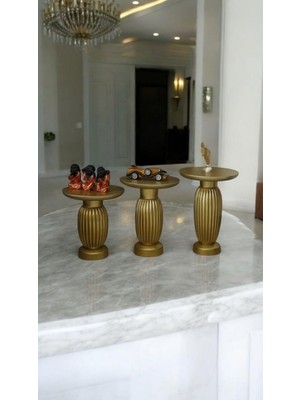 Wood Ahşap 3 Lü Set Mantar Yan Sehpa Konik Model / Altın Varak Renk / Zigon Sehpa