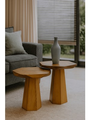 Modern Doğal Masif Ahşap Yan Sehpa Seti 2li Tütün Renk