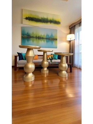 Ahşap Mantar Sehpa 3lü Altın Renk Masif Doğal Zigon ve Fiskos Takımı