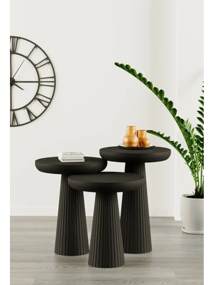 Wooden Siyah Ahşap 3lü Set Fitilli Mantar Yan Sehpa Modern Siyah Renk Fiskos