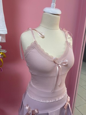 İsra Ayyıldız Moonstar Collection Coquette Lolita Dantelli Saten Kurdeleli Gül Kurusu Crop Top