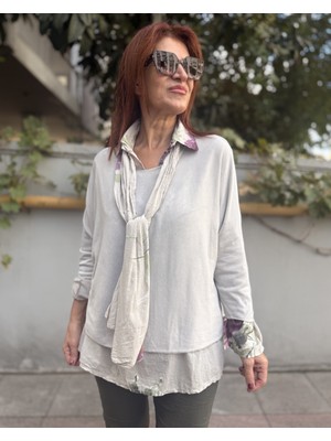 Denizege Butik Italyan Orkide Gömlekli Fularlı Triko Taş