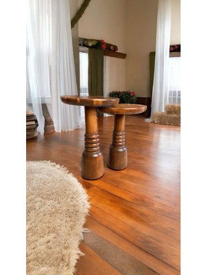 Wood Ahşap 2'li Set Fitilli Mantar Yan Sehpa Modern Fiskos / Açık Ceviz Renk / Zigon Sehpa Vernikli