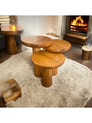 Wood Wooden Ahşap 3lü Set Fitilli Mantar Yan Sehpa Modern Tik Ağacı Renk Fiskos