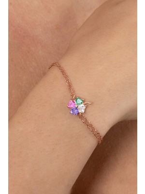 Söğütlü Silver 925 Ayar Gümüş Bileklik Rose Kristalize Renkli Taşlı Çift Zincirli Yonca Bileklik SGTL13174RENKLI