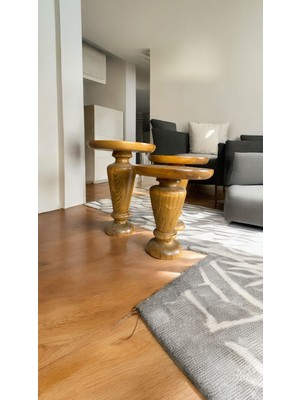 Wood Wooden Ahşap 3lü Set Mantar Yan Sehpa Modern Tütün Renk Fiskos
