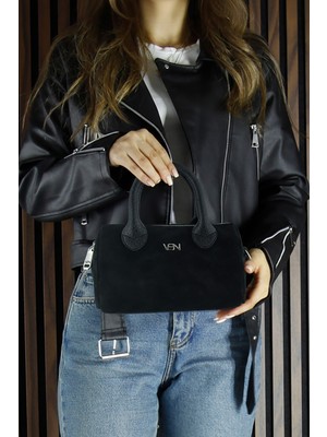 Erkan Saçmacı Siyah Hakiki Dana Süet Fermuarlı Askılı Iç Cepli Küçük Boy Günlük Omuz Çantası