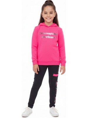 Nk Kids Kız Çocuk Simli Baskılı Fuşya Kapüşonlu Sweatshirt ve Siyah Tayt İkili Takım