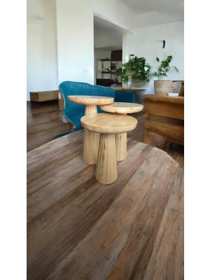 3lü Set Wood Wooden Minimalist Mantar Yan Sehpa Ahşap Modern Naturel Renk