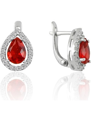 Söğütlü Silver 925 Ayar Gümüş Küpe Rodyumlu Kırmızı Taşlı Klipsli Damla Modeli Küpe SGTL13200KIRMIZI