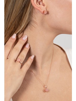 Söğütlü Silver 925 Ayar Gümüş Set Rose Lotus Çiçeği Pembe Taşlı Kolye Küpe ve Yüzük Üçlü Set SGTL13203PEMBE