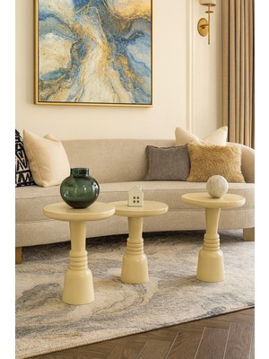 Modern Krem Ahşap Mantar Sehpa 3lü Zigon ve Fiskos Sehpa Seti