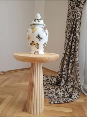 Wood Wooden Tekli Ahşap Fitilli Mantar Yan Sehpa Naturel Renk