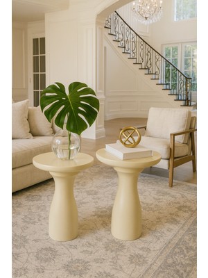 Doğal Masif Ahşap Yan Sehpa Seti 2li Krem Zigon Takımı