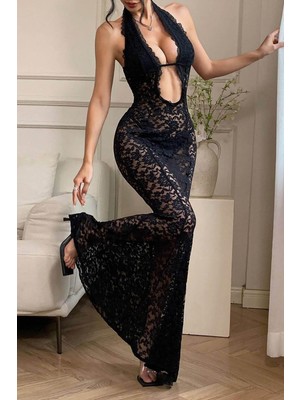 BMD Margareth Dantel Uzun Elbise - Siyah