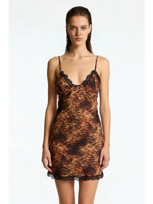 Feu De Elu Lioran Desenli Askılı Kısa Dantelli Saten Gecelik