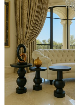 Modern Siyah Ahşap Mantar Sehpa Seti 3lü Zigon ve Fiskos Takımı