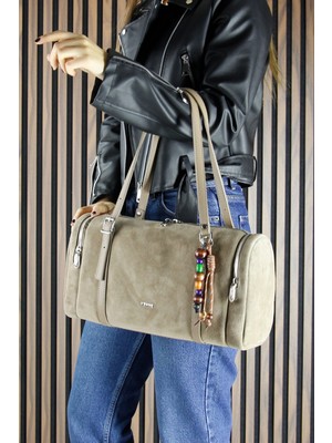 Erkan Saçmacı Kum Hakiki Dana Süet Fermuarlı Üç Bölmeli Boncuk Aksesuarlı Günlük Büyük Boy Omuz Çantası
