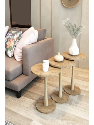 3'lü Zigon Ahşap Mantar Sehpa Seti