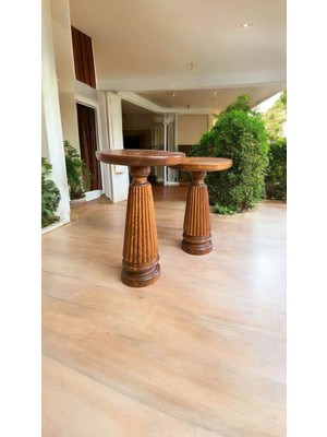 Ahşap Mantar Sehpa 2li Set Açık Ceviz Renk Zigon ve Fiskos