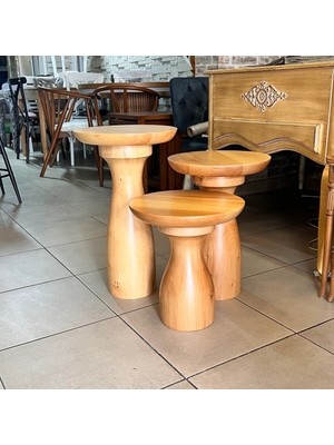 Ahşap 3lü Set Fitilli Mantar Yan Sehpa Modern Fiskos / Çiçeklik / Zigon Sehpa